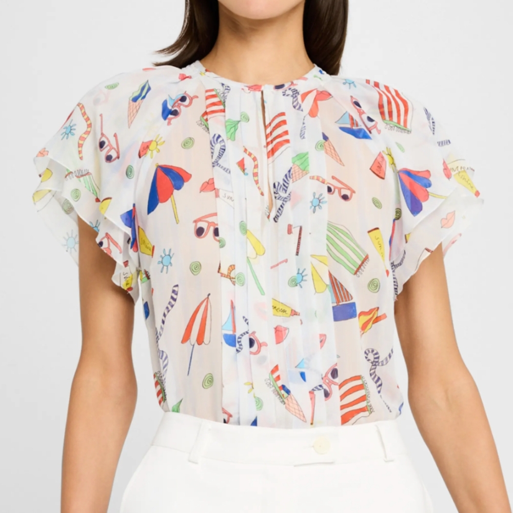 Maison Common Silk Nautical Print Flutter Sleeve Blouse 38 US 8 $1,195